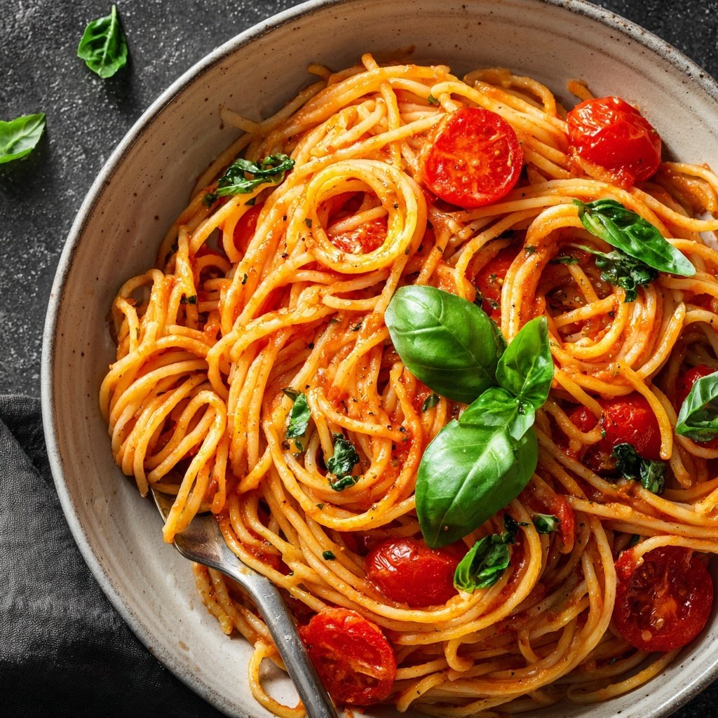 Spaghetti mit Tomaten und Basilikum